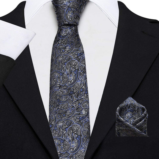 Axlon Men's Micro Polyester Paisley Necktie Set with Pocket Square and Brooch Pin (Blue, Free Size)