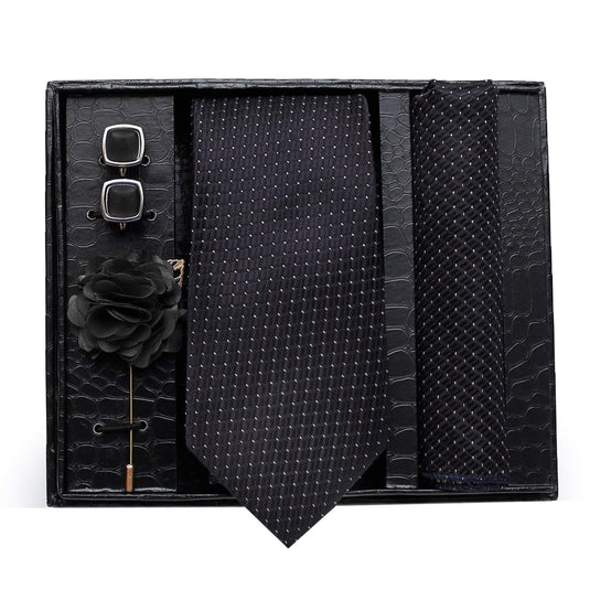 AXLON Formal/Casual Printed Polyester Necktie Set with Pocket Square, Brooch Pin and Cufflinks for Men