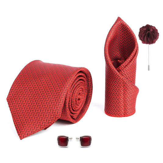 AXLON Mens Plaid Micro Self Silk Necktie Gift Set With Pocket Square Cufflinks & Brooch Pin Formal Tie With Leatherite Box (SIDIRX Free Size) | (Leather Gift Box) (Pack of 4)