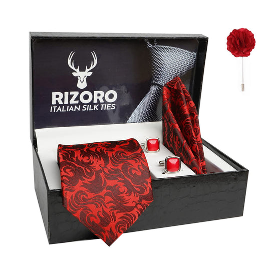 RIZORO Mens Plaid Paisley Silk Necktie Gift Set With Pocket Square Cufflinks & Brooch Pin Formal Tie With Leatherite Box (Maroon AMBI5MRRX Free Size)