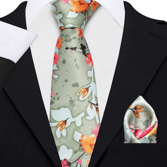 Axlon Men's Micro Polyester Floral Necktie Set with Pocket Square and Brooch Pin (Green ,Free Size)