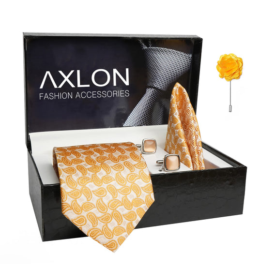 AXLON Mens Plaid Pasiley Silk Necktie Gift Set With Pocket Square Cufflinks & Brooch Pin Tie For Men Formal With Leatherite Box (AMBICRX Free Size) | (Leather Gift Box) (Pack of 4)