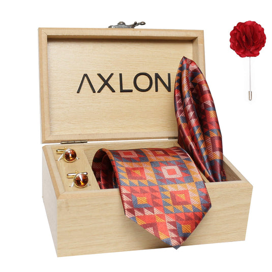 Axlon Men's Micro Polyester Printed Necktie Set with Pocket Square, Brooch Pin and Cufflinks (Multicolour, Free Size)