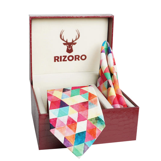 RIZORO Men Checkered Micro Fibre Necktie Gift Set With Pocket Square Cufflinks & Brooch Pin Formal Tie (Beige BURBGRB Free Size)