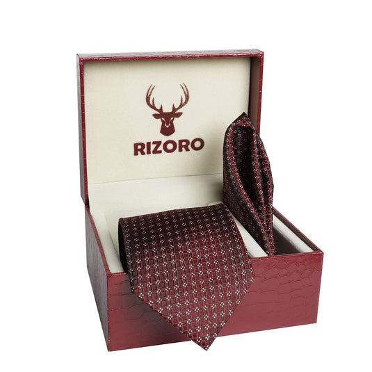 RIZORO Men Dotted Micro Fibre Necktie Gift Set With Pocket Square & Brooch Pin Formal Tie (Black A10BKRS Free Size)