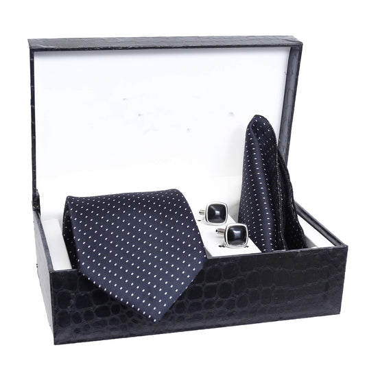 AXLON Men's Stain Resistant Necktie, Pocket Square, Cufflinks Set (Black, Free Size)