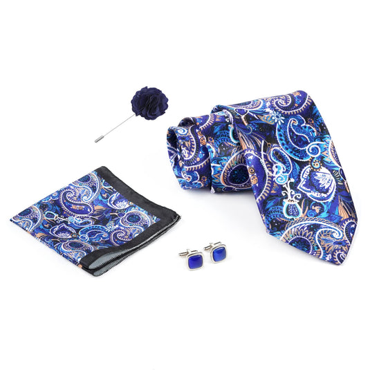 RIZORO Navy Blue Mens Paisley Micro Print Silk Necktie Gift Set With Pocket Square Cufflinks & Brooch Pin Formal Tie With Wooden Box Free Size | (Wooden Gift Box ) (Pack of 4) (RPL_37)