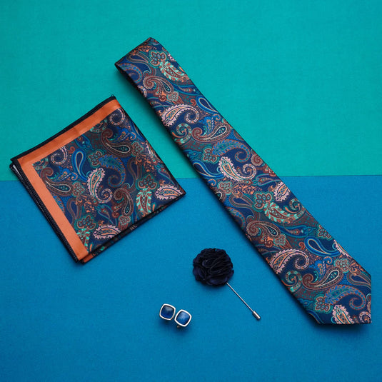 RIZORO Navy Blue Mens Paisley Micro Print Silk Necktie Gift Set With Pocket Square Cufflinks & Brooch Pin Formal Tie With Wooden Box Free Size | (Pack of 4) (RPL_34)