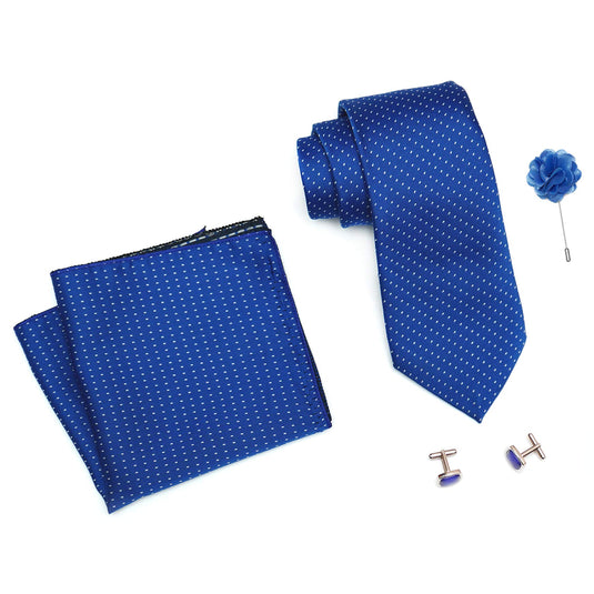 AXLON Mens Plaid Dotted Silk Necktie Gift Set With Pocket Square Cufflinks & Brooch Pin Formal Tie With Leatherite Box (D1RX Free Size) | (Leather Gift Box) (Pack of 4)