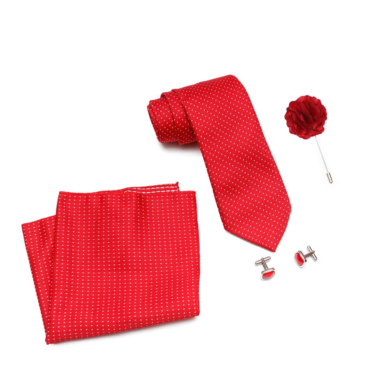 axlon Formal/Casual Silk Necktie Set with Pocket Square, Brooch Pin and Cufflinks for Men (Free Size, Red)