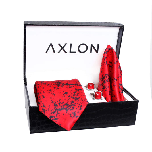 Axlon Men Formal/Casual Printed Satin Neck Tie Pocket Square Gift Set with Cufflinks and Brooch Pin - Red (Free Size, ltr_817)