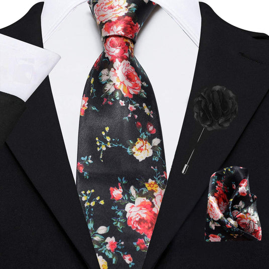 AXLON Men's Micro Polyester Floral Necktie Set with Pocket Square and Brooch Pin (Black ,Free Size)