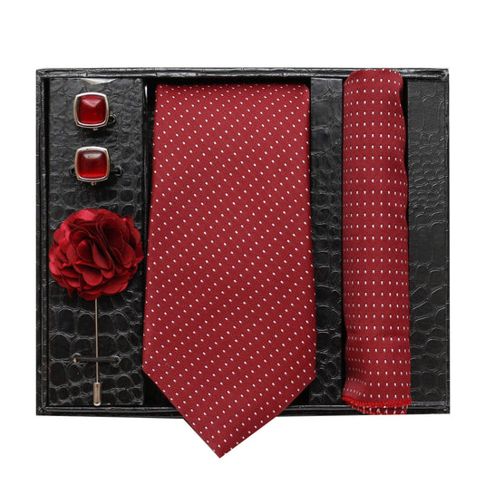 Axlon Men Formal/Casual Jacquard Neck Tie Pocket Square Accessory Gift Set with Cufflinks and Brooch Pin - Red Maroon (Free Size)