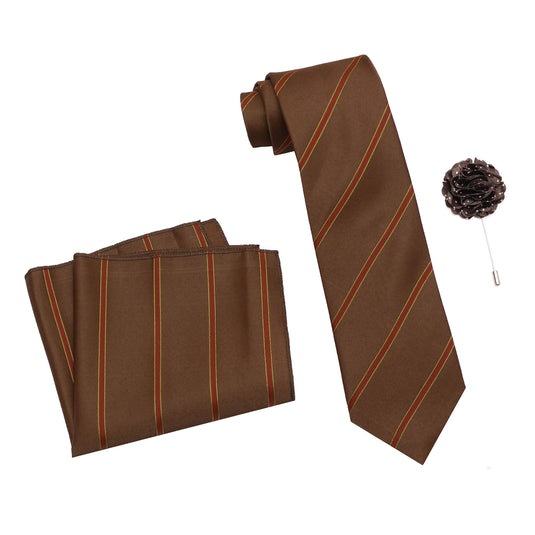 Axlon Men's Polyester Necktie Set with Pocket Square, Brooch Pin and Cufflinks (Free Size, Brown)