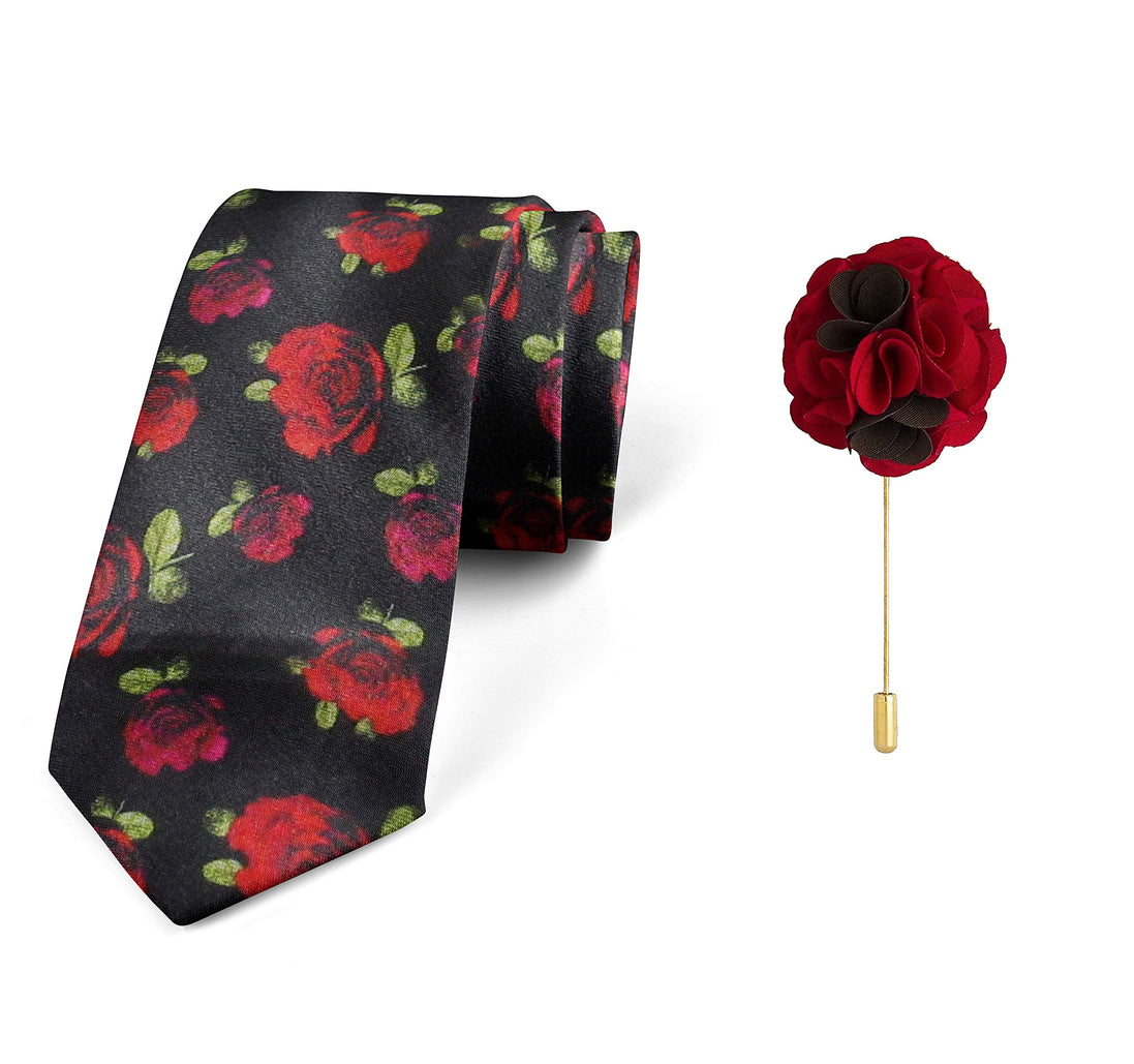 AXLON Men's Micro Polyester Floral Necktie Set with Pocket Square and Brooch Pin (Red ,Free Size)