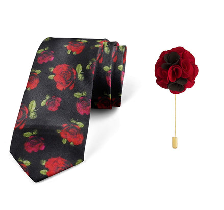 Axlon Men's Micro Polyester Floral Necktie Set with Pocket Square and Brooch Pin (Red ,Free Size)