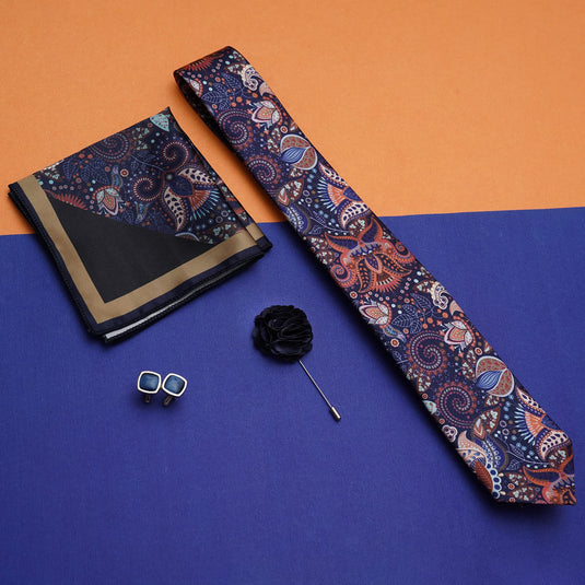 RIZORO Navy Purple Mens Paisley Micro Print Silk Necktie Gift Set With Pocket Square Cufflinks & Brooch Pin Formal Tie With Wooden Box Free Size | (Wooden Gift Box ) (Pack of 4) (RPL_40)