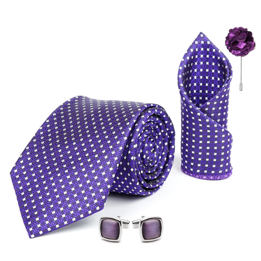 AXLON Mens Plaid Dotted Silk Necktie Gift Set With Pocket Square Cufflinks & Brooch Pin Tie For Men Formal With Leatherite Box (A11RX Free Size) | (Leather Gift Box) (Pack of 4)