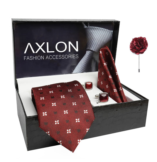 AXLON Mens Plaid Dotted Silk Necktie Gift Set With Pocket Square Cufflinks & Brooch Pin Tie For Men Formal With Leatherite Box (4D2RX Free Size) | (Leather Gift Box) (Pack of 4)