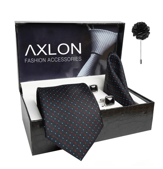 AXLON Mens Plaid Dotted Silk Necktie Gift Set With Pocket Square Cufflinks & Brooch Pin Tie For Men Formal With Leatherite Box (D1RX Free Size) | (Leather Gift Box) (Pack of 4)