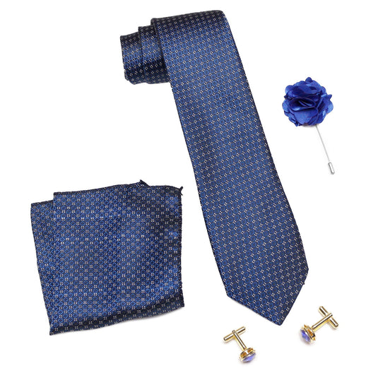 Axlon Men's Micro Polyester Necktie Set with Pocket Square, Brooch Pin and Cufflinks (Blue, Free Size)