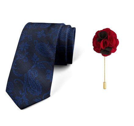 AXLONMen's Micro Polyester Paisley Necktie Set with Pocket Square and Brooch Pin (Blue, Free Size)