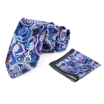 Axlon Mens Printed Silk Necktie Set With Panel Print Pocket Square Ties For Men Formal (Electric Blue, FDAX_25)