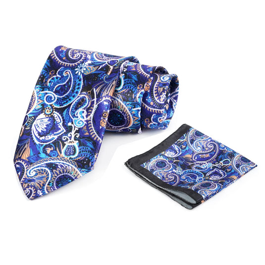 Axlon Mens Printed Silk Necktie Set With Panel Print Pocket Square Ties For Men Formal (Electric Blue, FDAX_25)