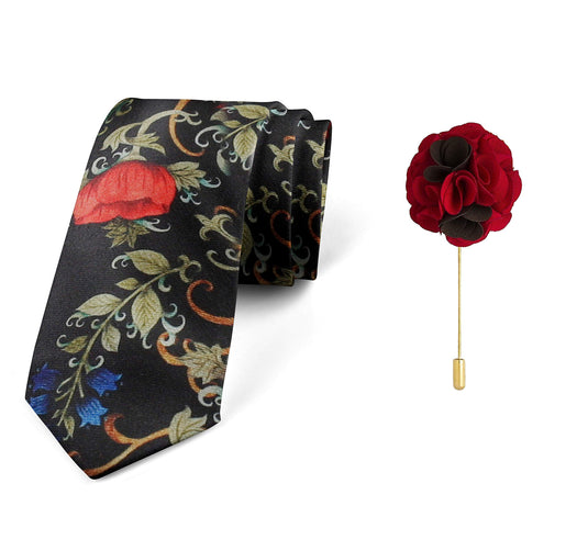 AXLON Men's Micro Polyester Floral Necktie Set with Pocket Square and Brooch Pin (Black ,Free Size)