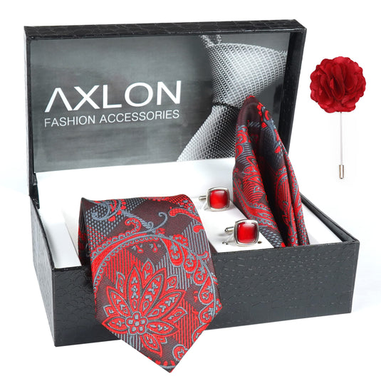 Axlon Mens Plaid Micro Self Silk Necktie Gift Set With Pocket Square Cufflinks & Brooch Pin Tie for Men Formal Tie Set with Box (Pack of 4) (Dark Red, 2022AX_10)