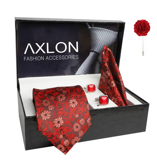 AXLON Mens Plaid Pasiley Silk Necktie Gift Set With Pocket Square Cufflinks & Brooch Pin Tie For Men Formal With Leatherite Box (AMBI3RX Free Size) | (Leather Gift Box) (Pack of 4)