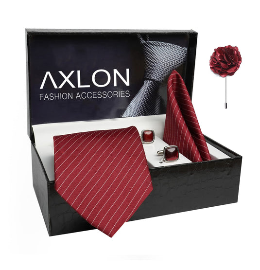 AXLON Mens Plaid Stripped Silk Necktie Gift Set With Pocket Square Cufflinks & Brooch Pin Tie For Men Formal With Leatherite Box (S1RX Free Size) | (Leather Gift Box) (Pack of 4)