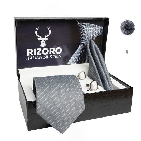 RIZORO Mens Plaid Stripped Silk Necktie Gift Set With Pocket Square Cufflinks & Brooch Pin Formal Tie With Leatherite Box (S1RX Free Size) | (Leather Gift Box) (Pack of 4)