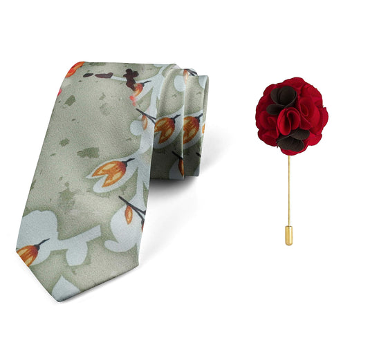 Axlon Men's Micro Polyester Floral Necktie Set with Pocket Square and Brooch Pin (Green ,Free Size)