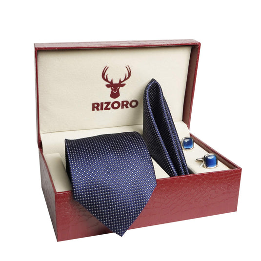 RIZORO Mens Plaid Dotted Silk Necktie Tie Gift Set With Pocket Square, Cufflinks & Brooch Pin Formal Tie With Leatherite Box (A10RB, Free Size)