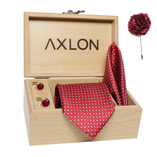 Axlon Men's Micro Polyester Dotted Necktie Set with Pocket Square, Brooch Pin and Cufflinks (Red, Free Size)