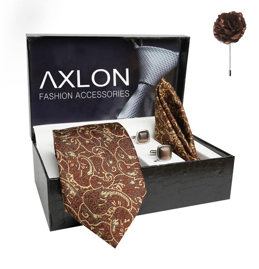 AXLON Mens Plaid Pasiley Silk Necktie Gift Set With Pocket Square Cufflinks & Brooch Pin Tie For Men Formal With Leatherite Box (PARRX Free Size) | (Leather Gift Box) (Pack of 4)