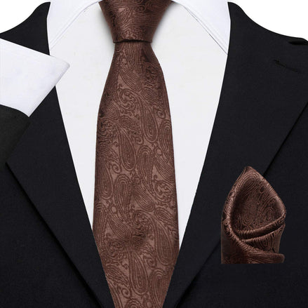 AXLON Men's Micro Paisley Necktie Set with Pocket Square and Brooch Pin (Brown, Free Size)