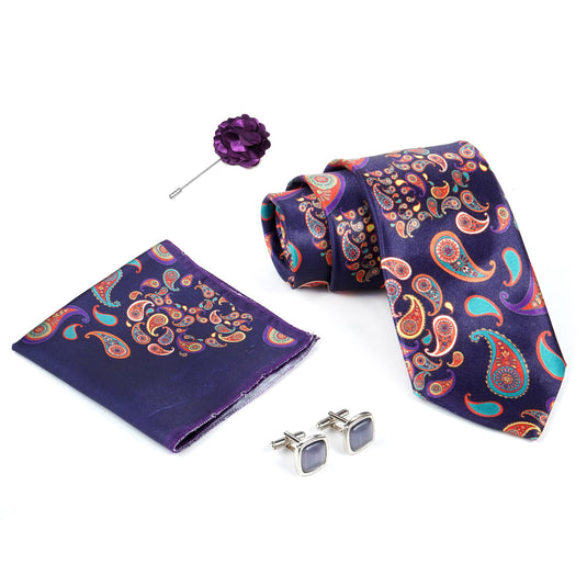 RIZORO Purple Mens Paisley Micro Print Silk Necktie Gift Set With Pocket Square Cufflinks & Brooch Pin Formal Tie With Wooden Box Free Size | (Wooden Gift Box ) (Pack of 4) (RPL_42)