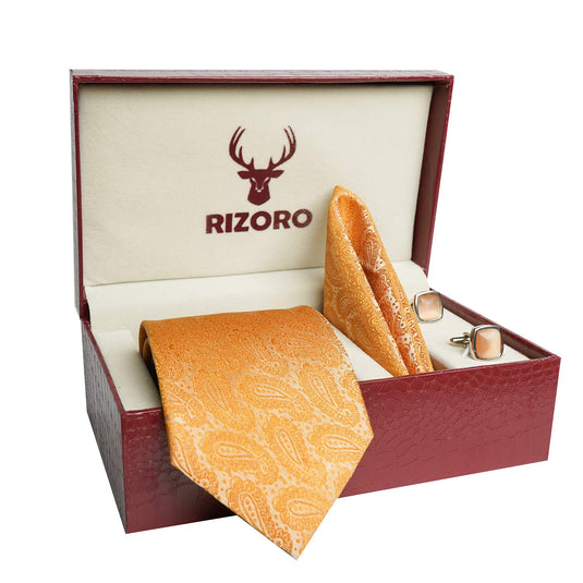 RIZORO Mens Plaid Pasiley Silk Necktie Tie Gift Set With Pocket Square, Cufflinks & Brooch Pin Formal Tie With Leatherite Box (AMBM1RB, Free Size)