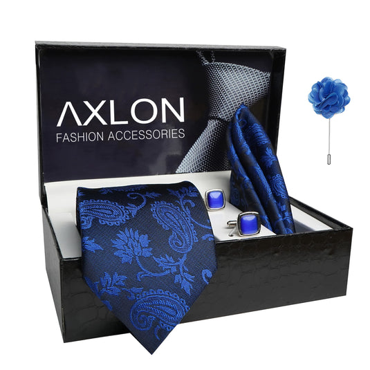 AXLON Mens Plaid Pasiley Silk Necktie Gift Set With Pocket Square Cufflinks & Brooch Pin Tie For Men Formal With Leatherite Box (214AMBRX Free Size) | (Leather Gift Box) (Pack of 4)