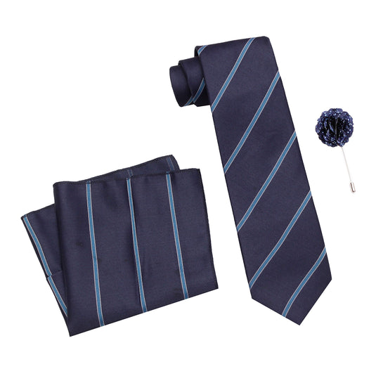 Axlon Men's Micro Polyester Striped Necktie Set with Pocket Square and Brooch Pin (Blue , Free Size)