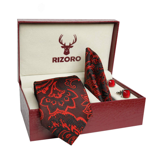 RIZORO Mens Plaid Pasiley Silk Necktie Tie Gift Set With Pocket Square, Cufflinks & Brooch Pin Formal Tie With Leatherite Box (AMBI5RB, Free Size)