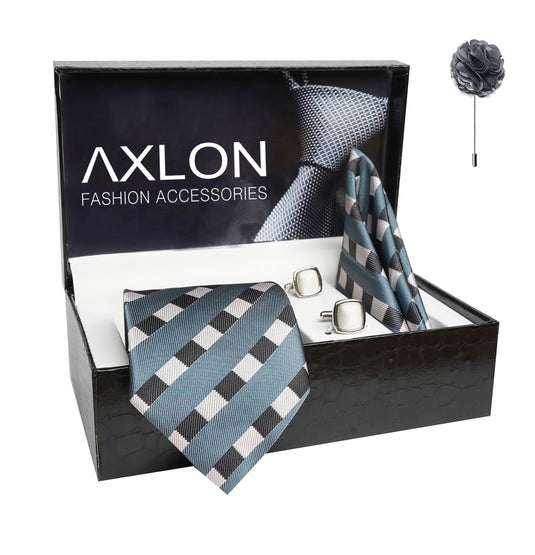 AXLON Mens Plaid Stripped Silk Necktie Gift Set With Pocket Square Cufflinks & Brooch Pin Tie For Men Formal With Leatherite Box (STRIPM1RX Free Size) | (Leather Gift Box) (Pack of 4)