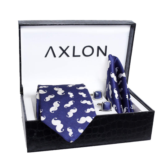 Axlon Men Formal/Casual Printed Satin Neck Tie Pocket Square Accessory Gift Set with Cufflinks and Brooch Pin - Blue (Free Size, ltr_820)