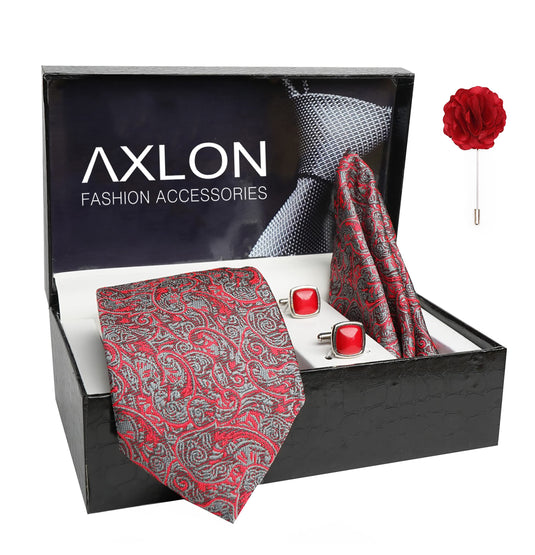 AXLON Mens Plaid Pasiley Silk Necktie Gift Set With Pocket Square Cufflinks & Brooch Pin Tie For Men Formal With Leatherite Box (PARRX Free Size) | (Leather Gift Box) (Pack of 4)