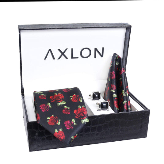 Axlon Men Formal/Casual Printed Satin Neck Tie Pocket Square Accessory Gift Set with Cufflinks and Brooch Pin - Black (Free Size, ltr_814)