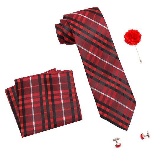 RIZORO Mens Plaid Checkered Silk Necktie Tie Gift Set With Pocket Square, Cufflinks & Brooch Pin Formal Tie With Leatherite Box (BURRB, Free Size)