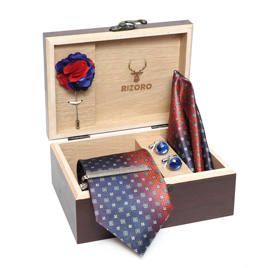 RIZORO Mens Plaid Micro Self Silk Printed Blue Necktie Gift Set With Pocket Square Cufflinks Brooch Pin Men Tie Clip Formal Tie With Wooden Box For Gifting (RW_13, Free Size)