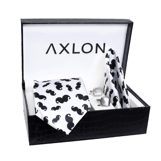 Axlon Men Formal/Casual Printed Satin Neck Tie Pocket Square Accessory Gift Set with Cufflinks and Brooch Pin - White (Free Size, ltr_835)